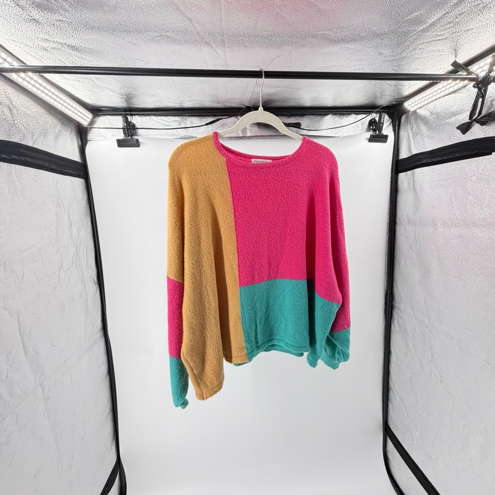 Newbury Kustom Cozy Oversized Colorblock Sweater‎ Pink Yellow Teal Knit Top SM